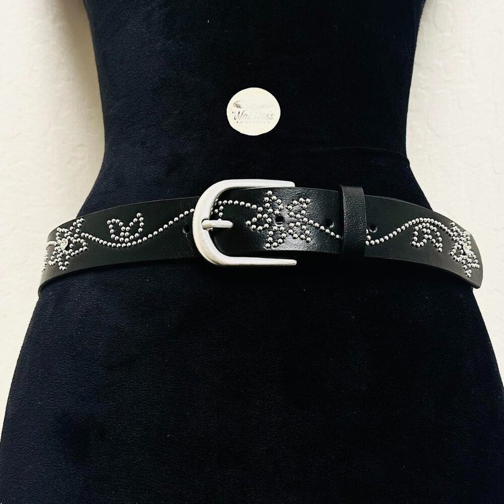 Black leather belt with rhinestone flower design